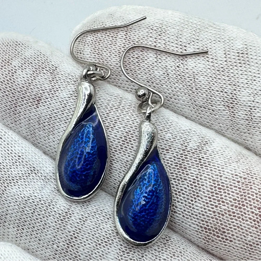 Chico’s Silver Tone Blue Enamel Teardrop Dangle Earrings NWT Boho Chic